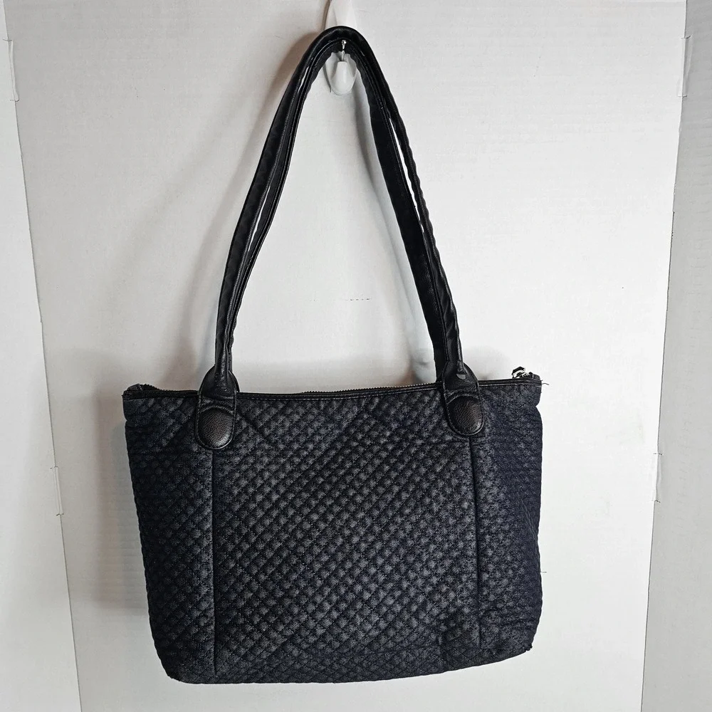 Vera Bradley Classic Denim Navy Carson East West Tote Faux Leather Trim